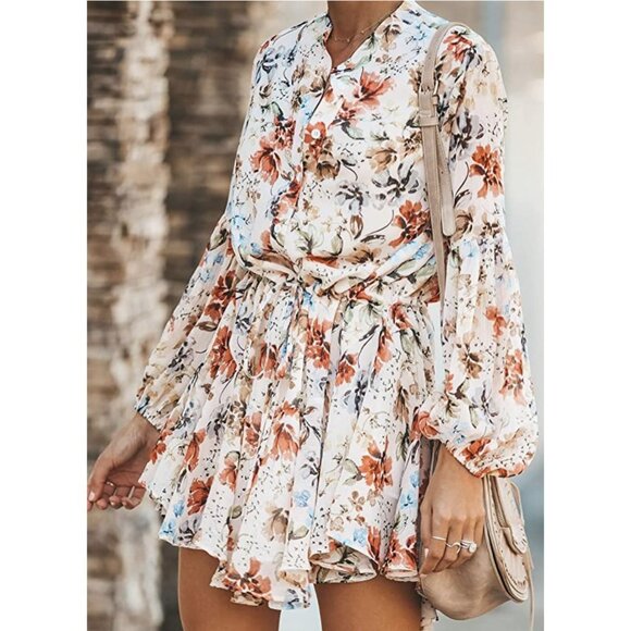 Off White Multi Floral Printed Belted Ruffle Long Sleeve Button Up A-Line‎ Dress - Picture 1 of 8